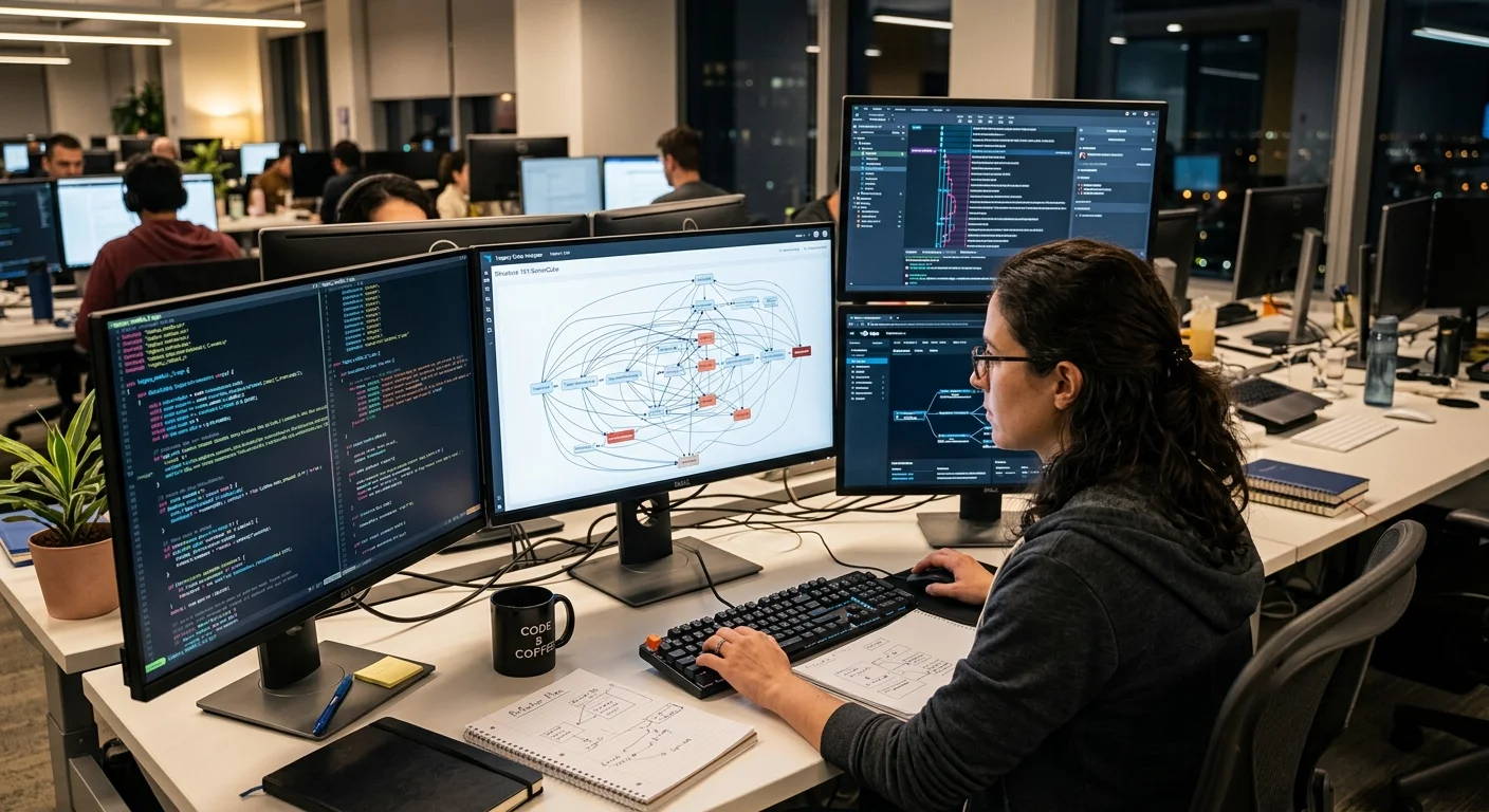 Developer reviewing legacy code architecture on screen during refactoring session