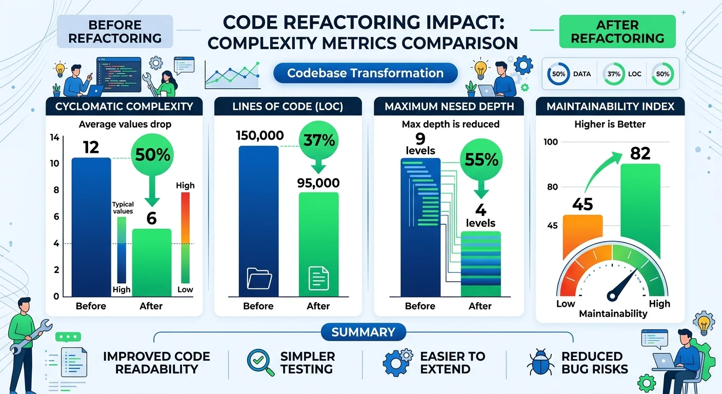 Bar chart showing reduced cyclomatic complexity and coupling after legacy code refactoring