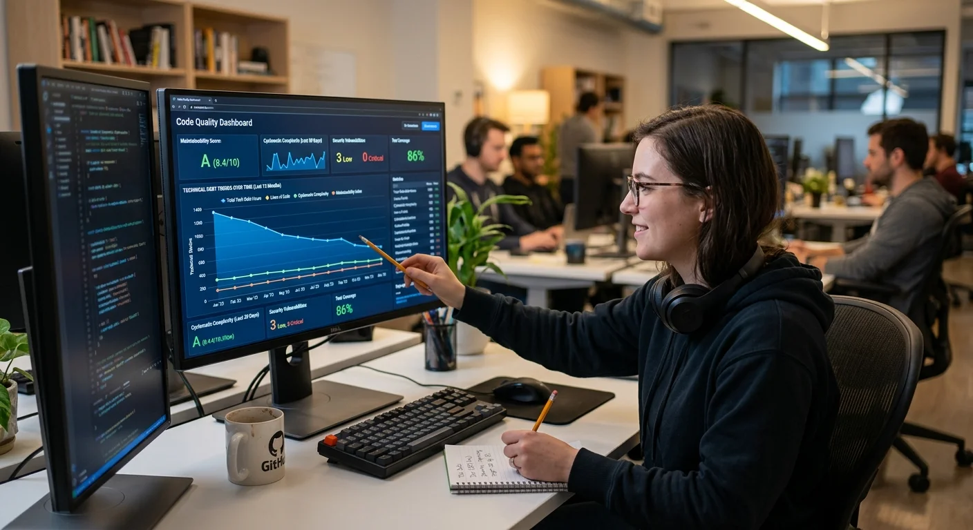 Developer reviewing technical debt metrics dashboard