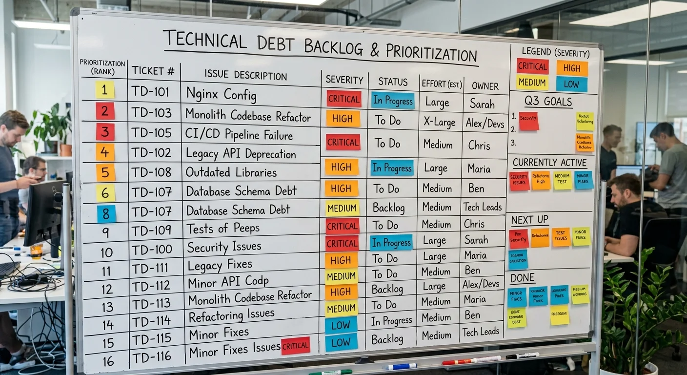 Team whiteboard with prioritized technical debt backlog items