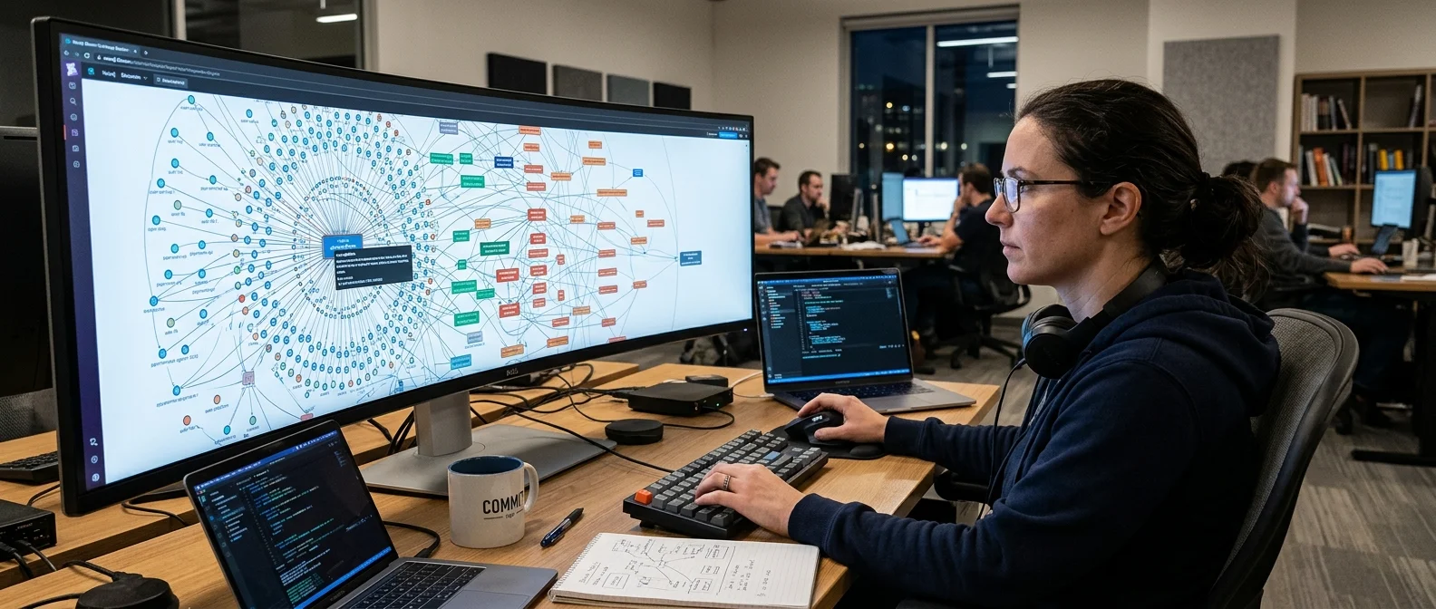 Developer analyzing legacy codebase dependency graph for refactoring planning