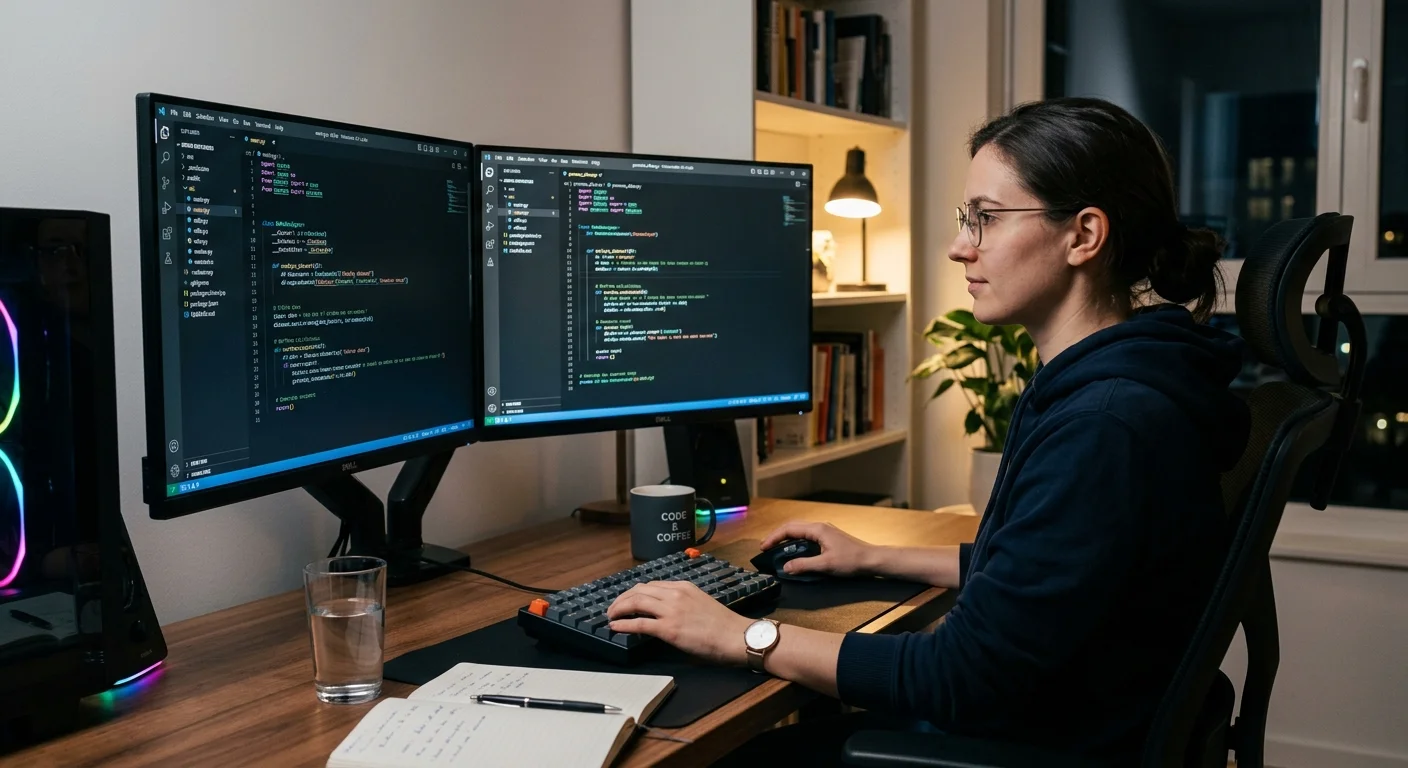 Developer reviewing clean code on dual monitors showing well-structured functions