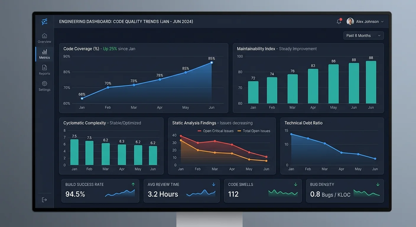 Code quality metrics dashboard showing improving trends in complexity and violations