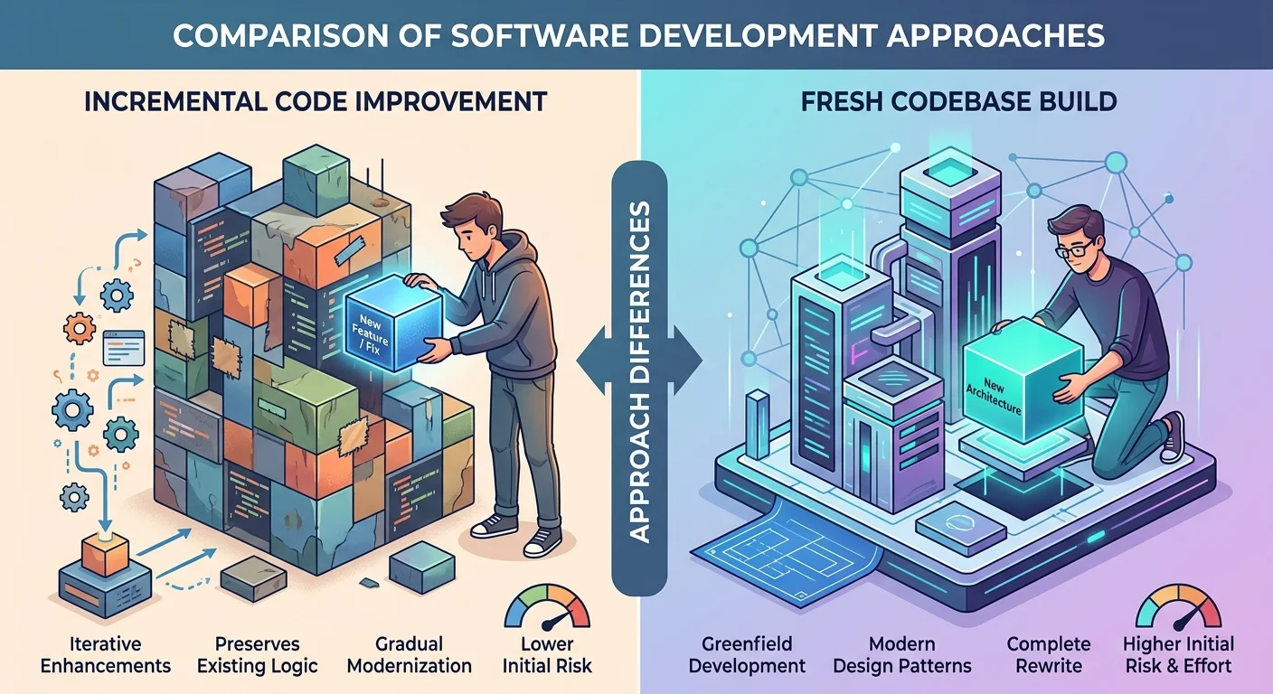 Comparison diagram of legacy code refactoring versus full rewrite approaches