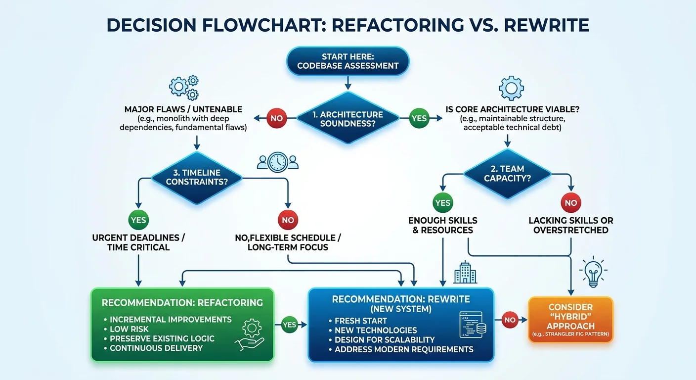 Flowchart for deciding between legacy code refactoring and full rewrite