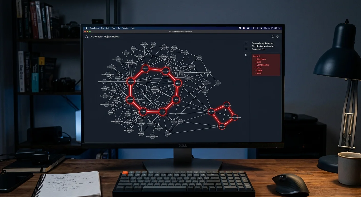 Dependency visualization tool showing circular dependencies in a legacy codebase